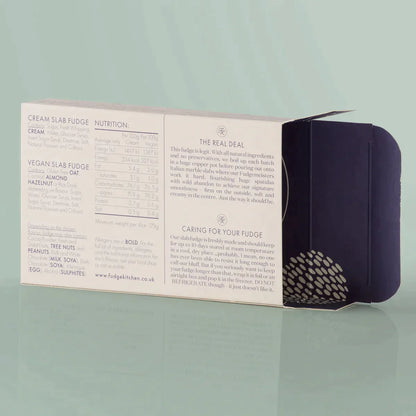 Fudge Kitchen elegant gift box displaying back view for the single slice of handmade fudge flavour Mocha Fudge  