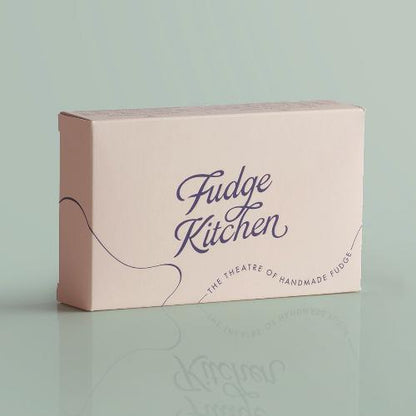 Fudge Kitchen elegant gift box displaying front view for the indulgent, handmade fudge flavour Vegan Fudge Single Box 