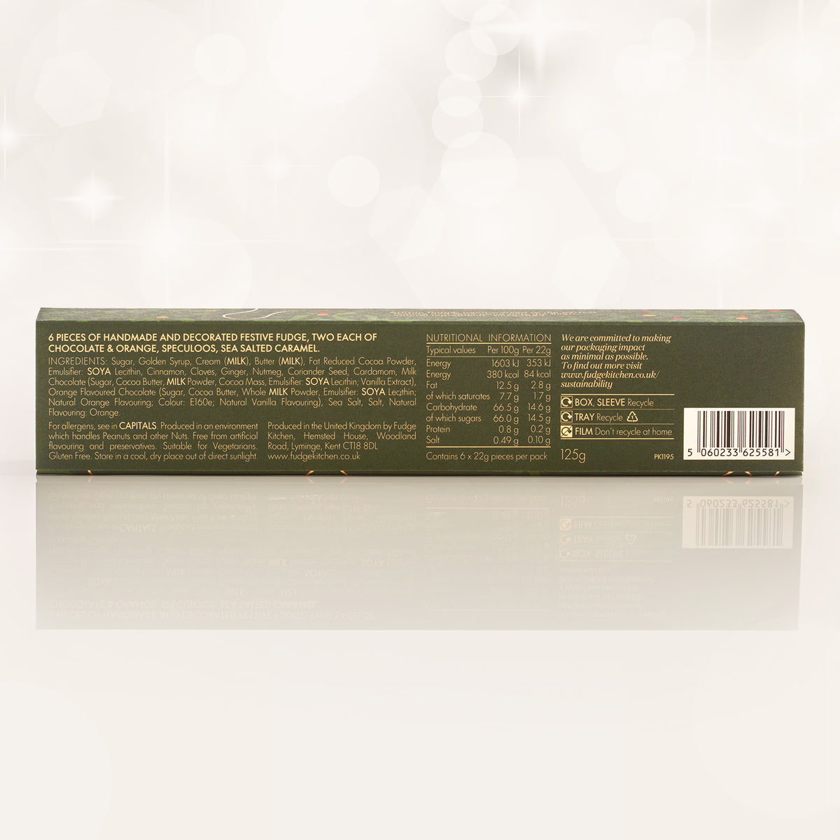 Box of handmade festive fudge with nutritional information on a reflective background