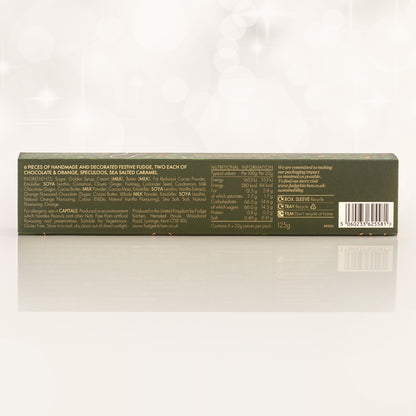 Box of handmade festive fudge with nutritional information on a reflective background
