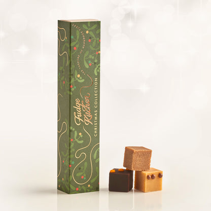 Fudge Kitchen Christmas Collection box with three fudge pieces on a white background.
