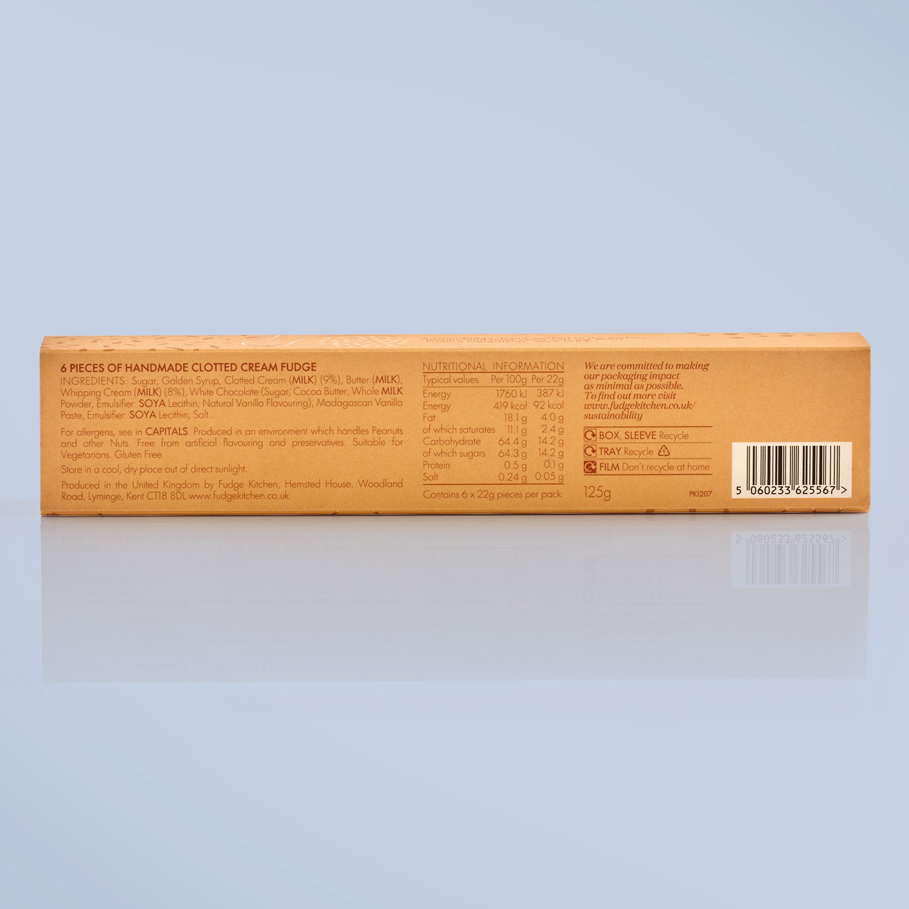 Box of handmade clotted cream fudge with nutritional information on a light blue background