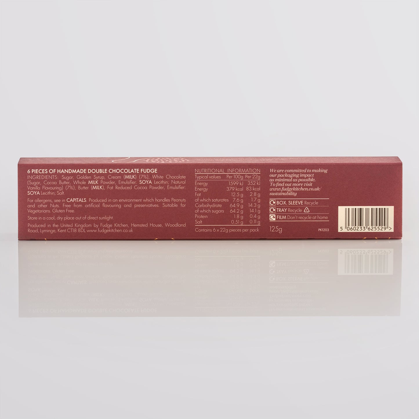 Back of double chocolate fudge Fudge Kitchen gift box, showing ingredient listing, displayed on a blank background.