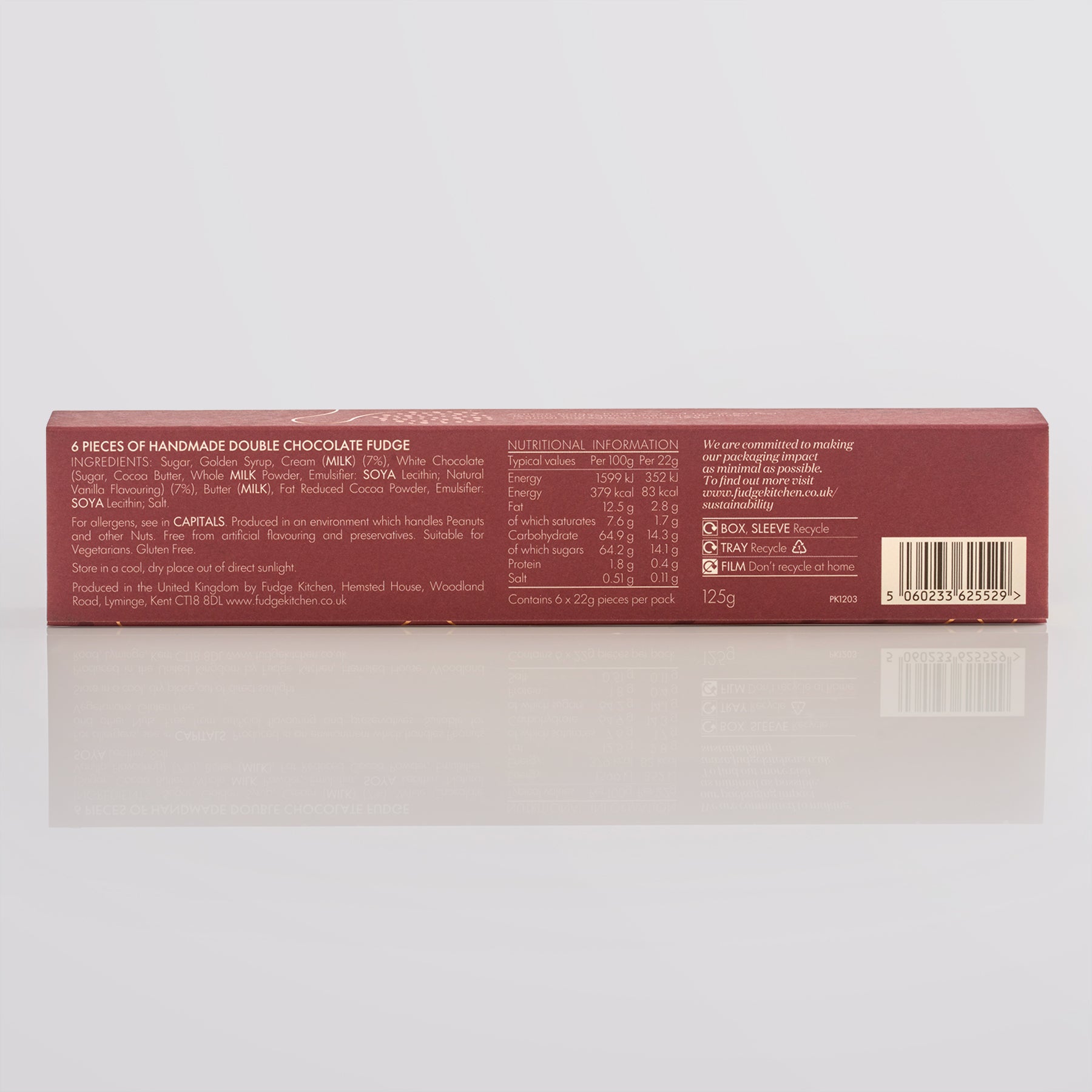 Back of double chocolate fudge Fudge Kitchen gift box, showing ingredient listing, displayed on a blank background.