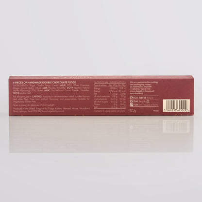 Back of double chocolate fudge Fudge Kitchen gift box, showing ingredient listing, displayed on a blank background.