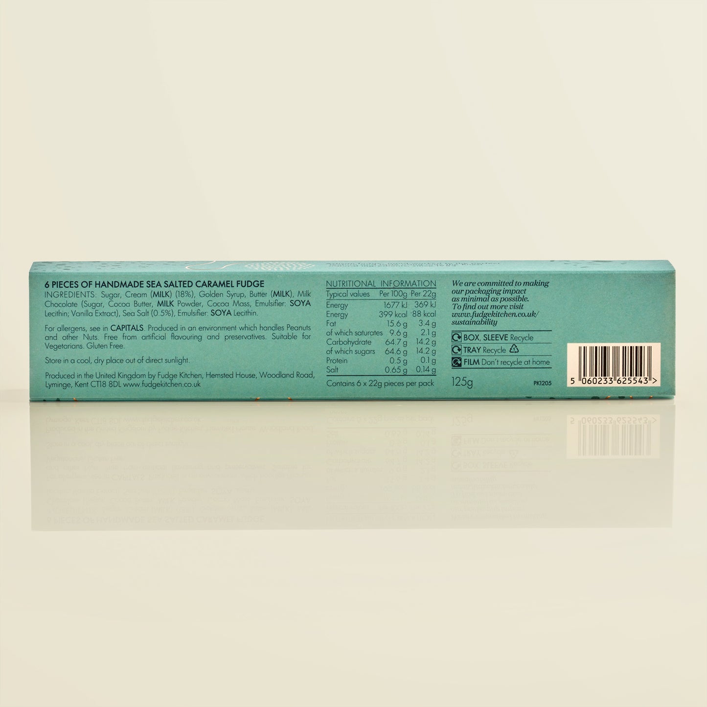 Box of handmade sea salted caramel fudge with nutritional information on a light yellow background