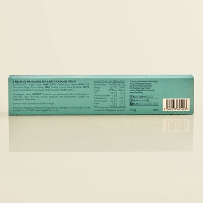 Box of handmade sea salted caramel fudge with nutritional information on a light yellow background