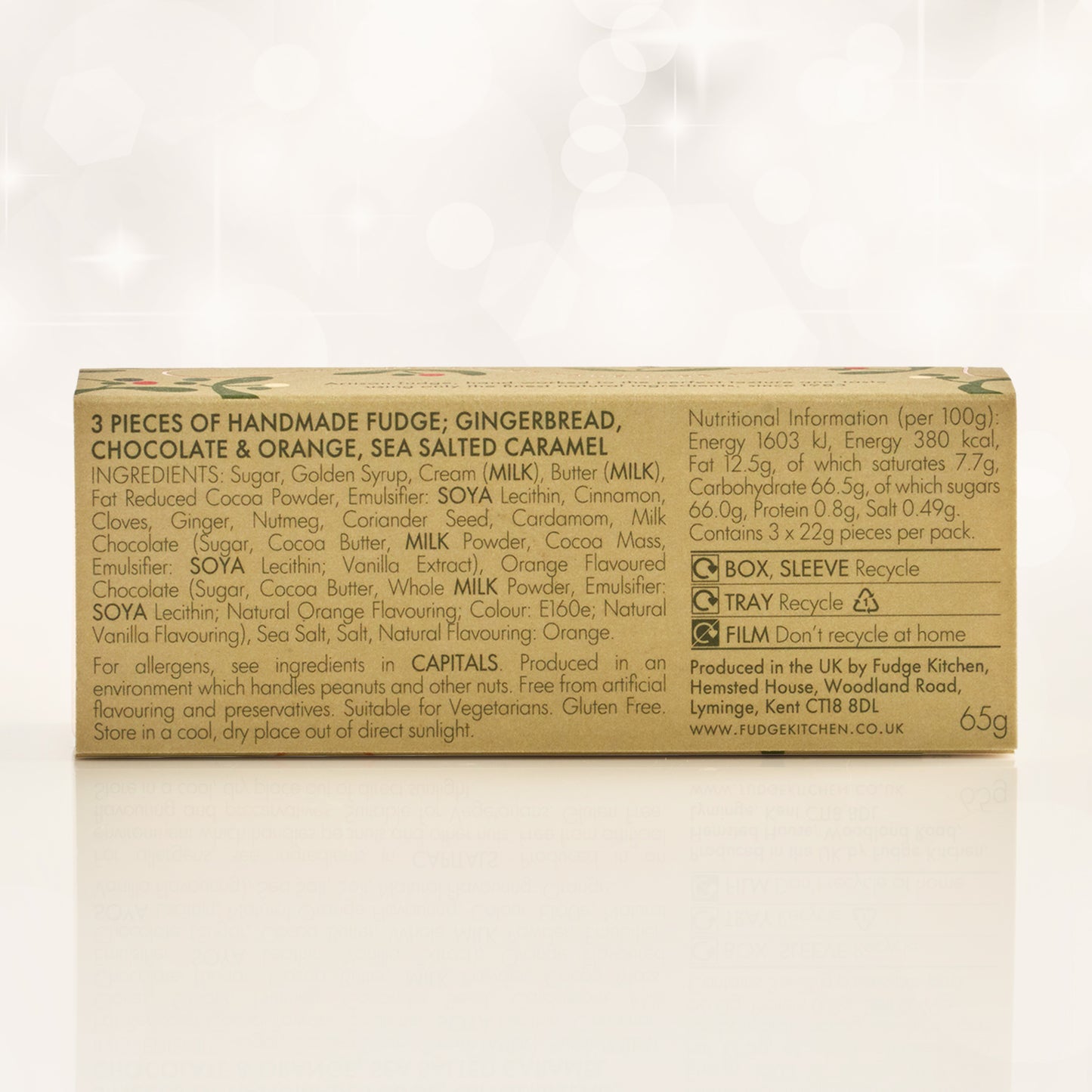 Box of handmade fudge with ingredients and nutritional information on a white background