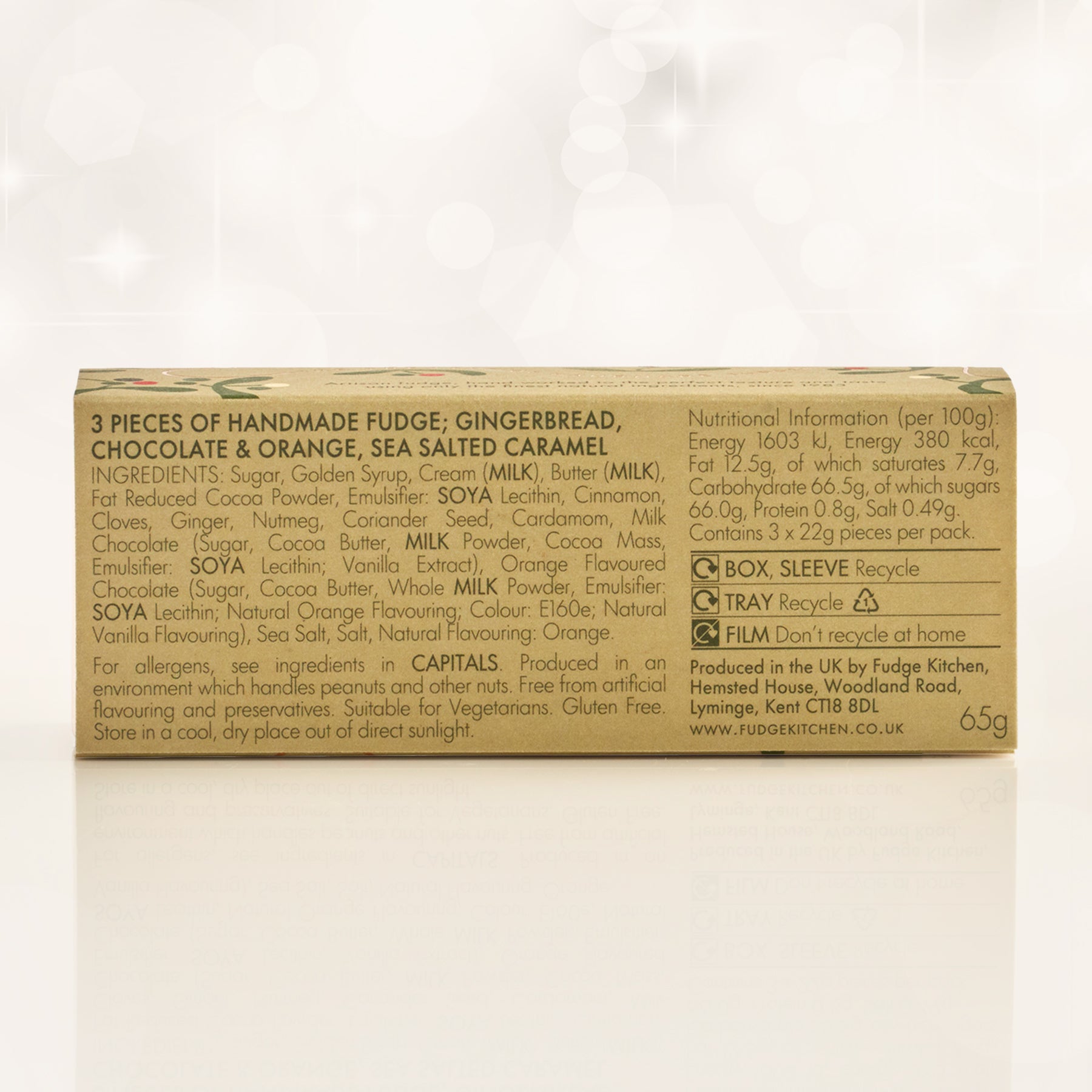 Box of handmade fudge with ingredients and nutritional information on a white background