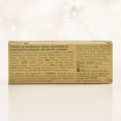 Box of handmade fudge with ingredients and nutritional information on a white background