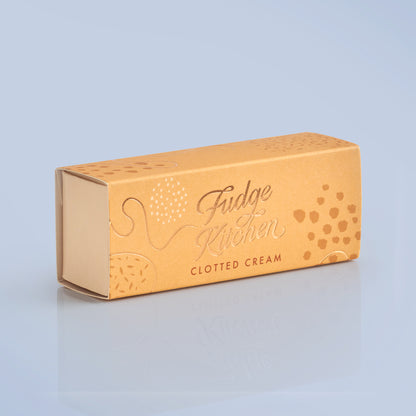 Fudge Kitchen clotted cream packaging on a light gray background