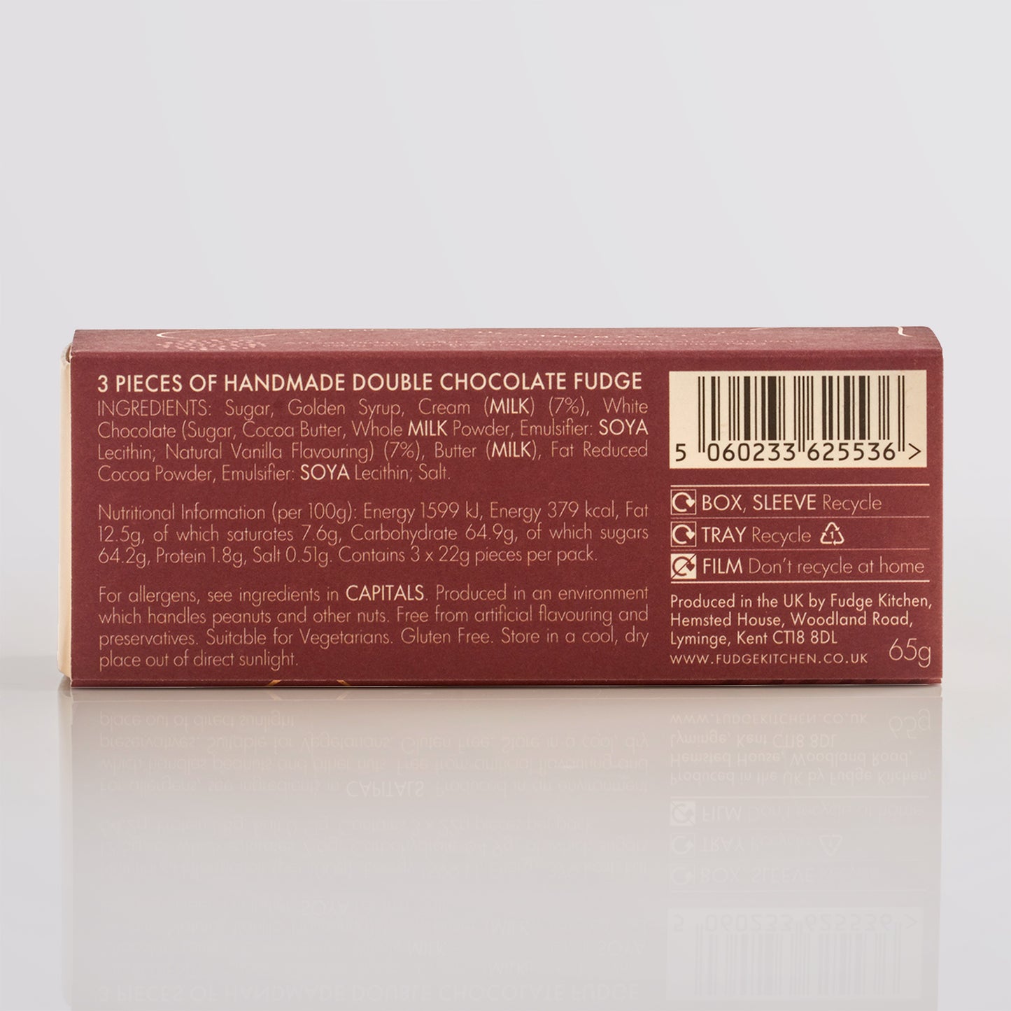 Back of a chocolate fudge packaging with ingredients and nutritional information.