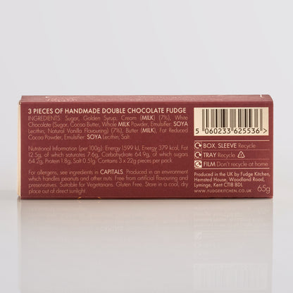 Back of a chocolate fudge packaging with ingredients and nutritional information.