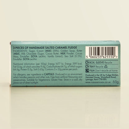 Back of a fudge packaging showing ingredients and recycling information on a beige background