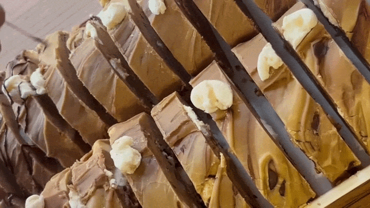 A tray of s'mores fudge slices viewed from above as a hand drizzles dark chocolate over the row of fudge slices with mallow pieces on top of each slice.