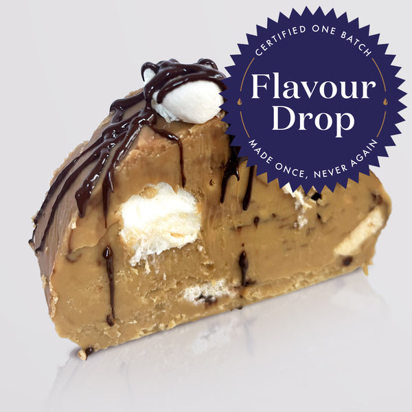 A slice of Flavour Drop S'mores Fudge with a dark chocolate drizzle and a white marshmallow on top, shown on a light gray background with a blue circular 'Flavour Drop' certification badge overlay.