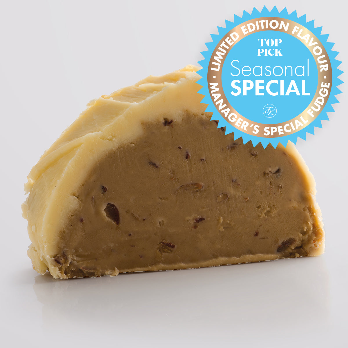 Sticky Toffee Pudding Fudge single slice, a Fudge Kitchen indulgent, handmade fresh fudge flavour displayed with a "limited edition" icon.