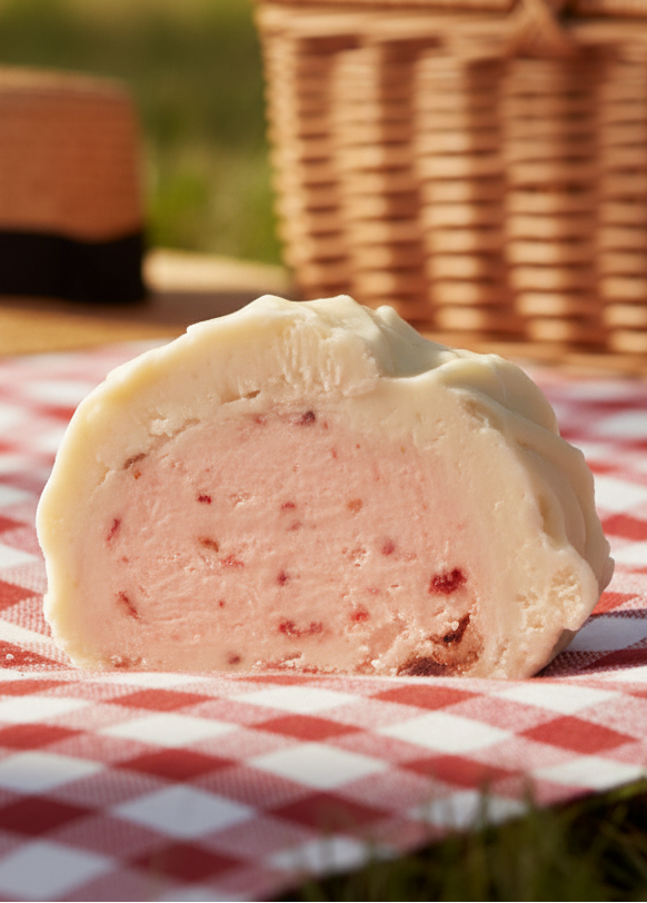 A slice of strawberries & cream fudge sits on a red and white checkered picnic blanket outdoors, with a wicker basket and straw hat blurred in the background