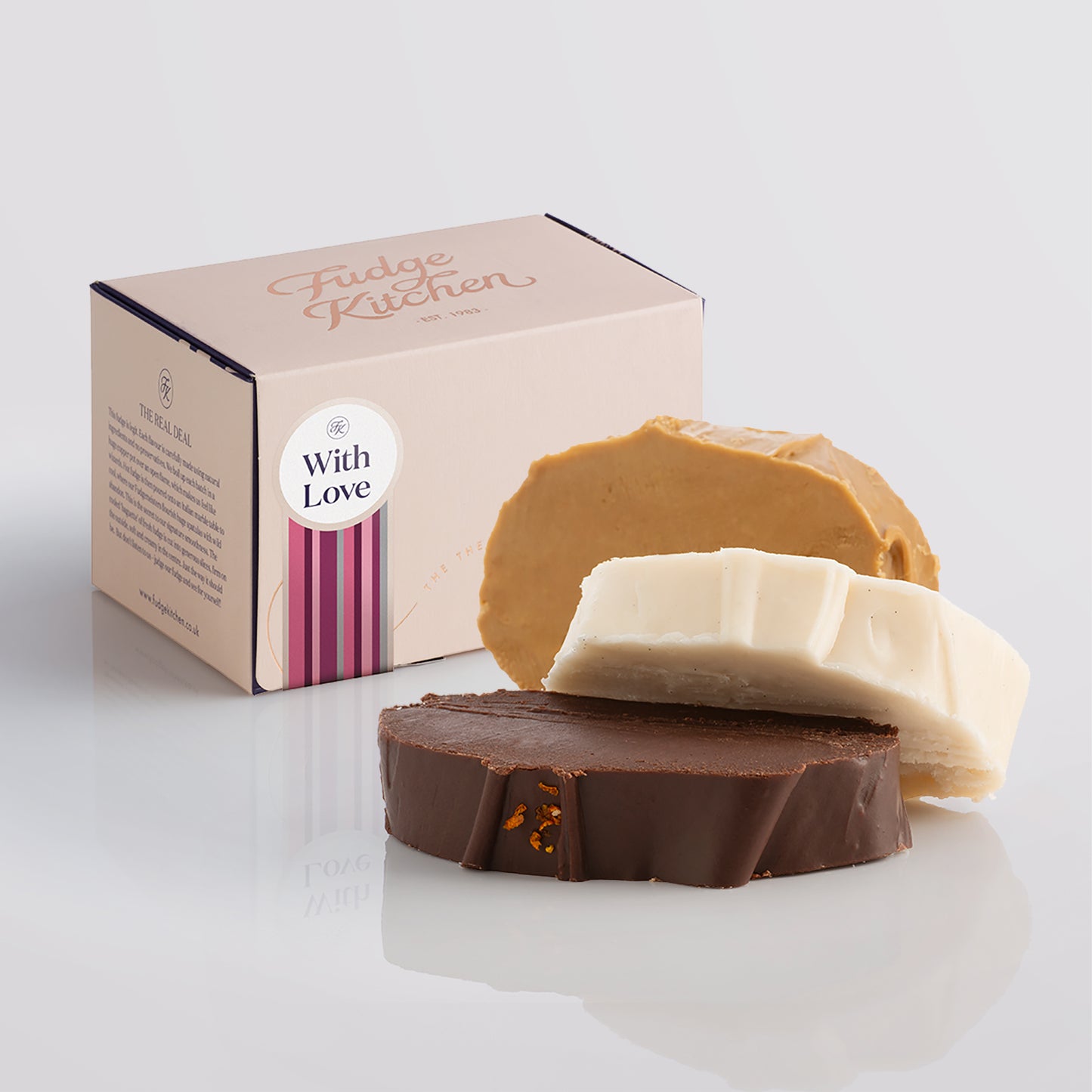 Vegan fudge trio elegantly displayed in a buff-coloured gift box with gilded accents with a 'With Love' box seal.