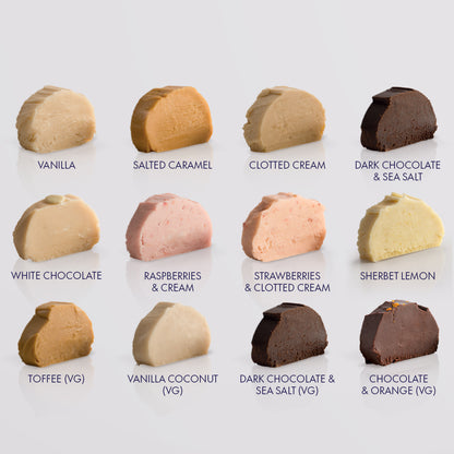 A grid of 15 fudge swatches with labels underneath, including Vanilla, Salted Caramel, Clotted Cream, Dark Chocolate & Sea Salt, White Chocolate, Raspberries & Cream, Strawberries & Clotted Cream, Sherbet Lemon, Toffee, Vanilla Coconut, Dark Chocolate & Sea Salt (VG), and Chocolate & Orange (VG).