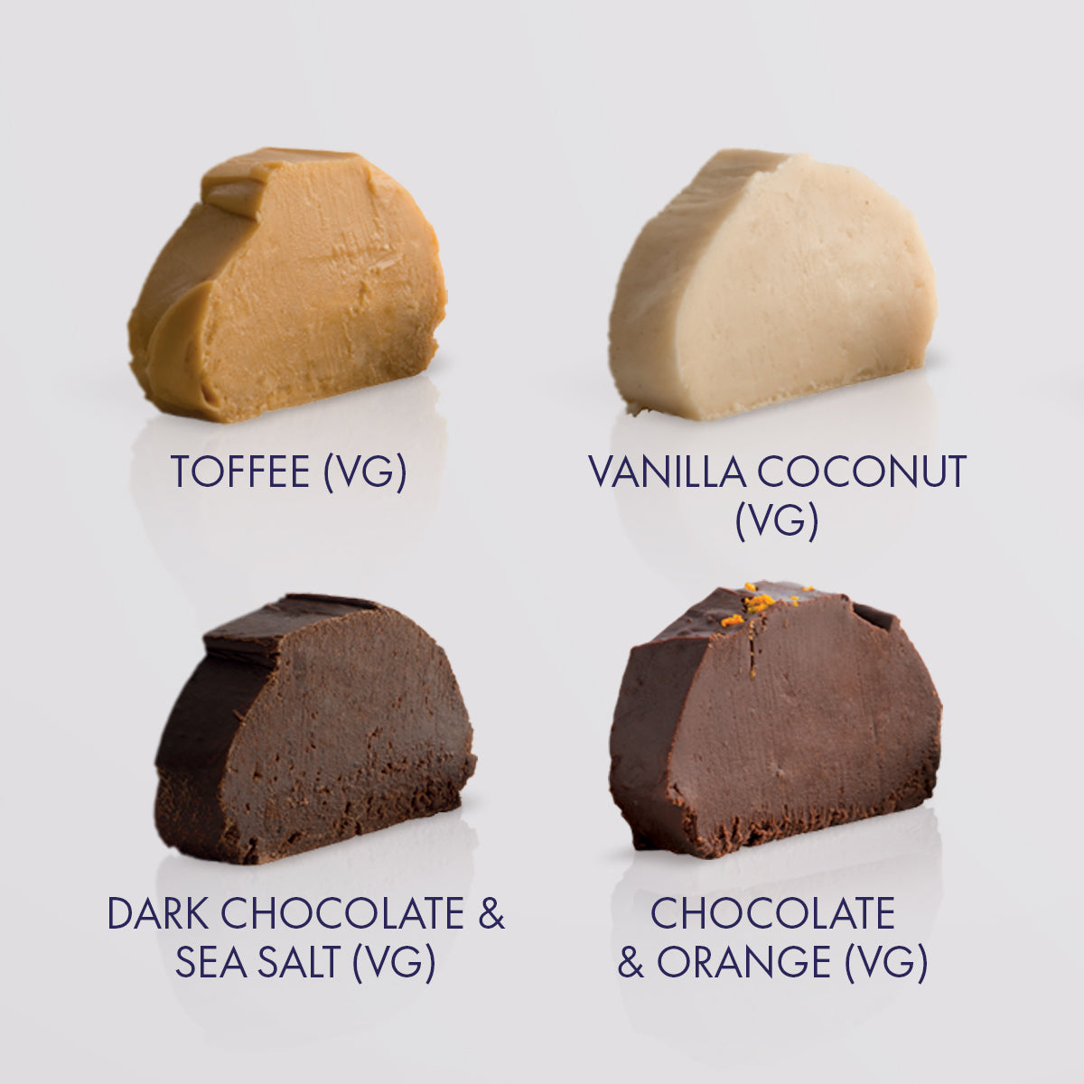 Four fudge confection slices arranged in a 2x2 grid on a light gray background, each labeled with its flavour: Toffee Vegan Fudge, Vanilla Coconut Vegan Fudge, Dark Chocolate & Sea Salt Vegan Fudge, and Chocolate & Orange Vegan Fudge.