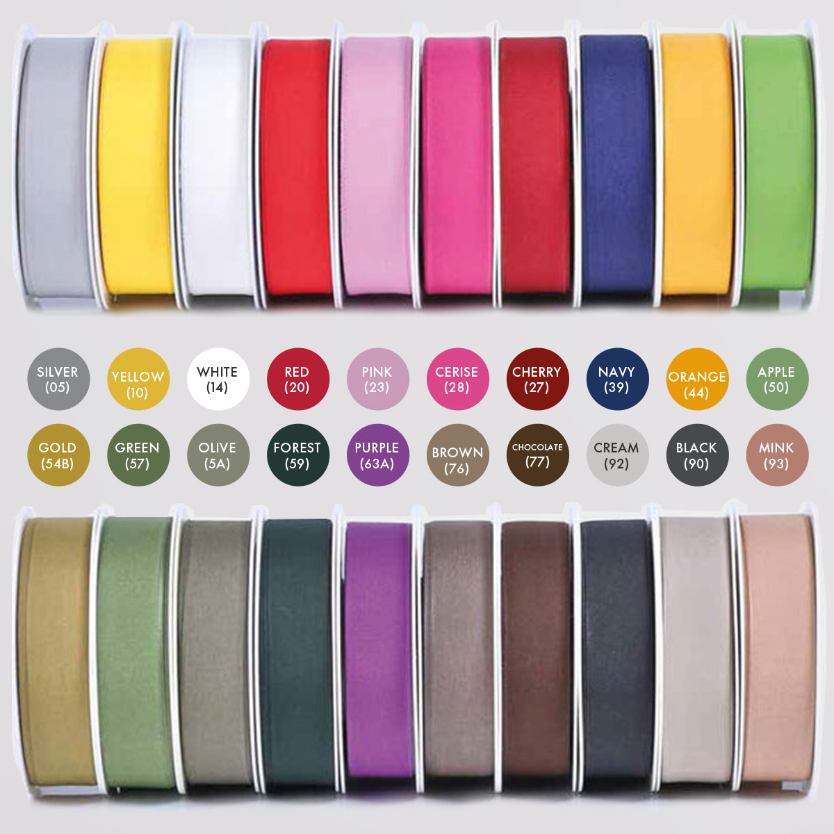 A color chart display of satin ribbon spools for weding favours in multiple colors, arranged in two rows with circular color labels underneath each spool showing the color name and code.