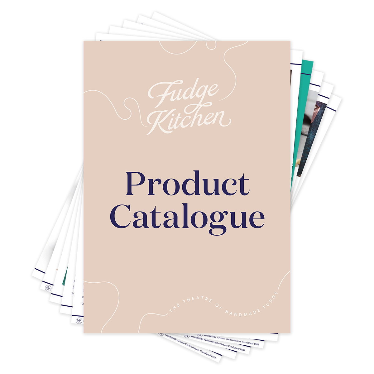 Fudge Kitchen Product Catalogue with a beige cover on a white background