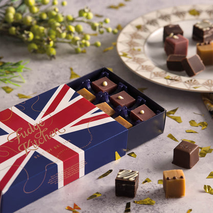 Best of British Fudge Selection presented as a thoughtful gift in a table setting, highlighting the premium packaging and indulgent flavours.
