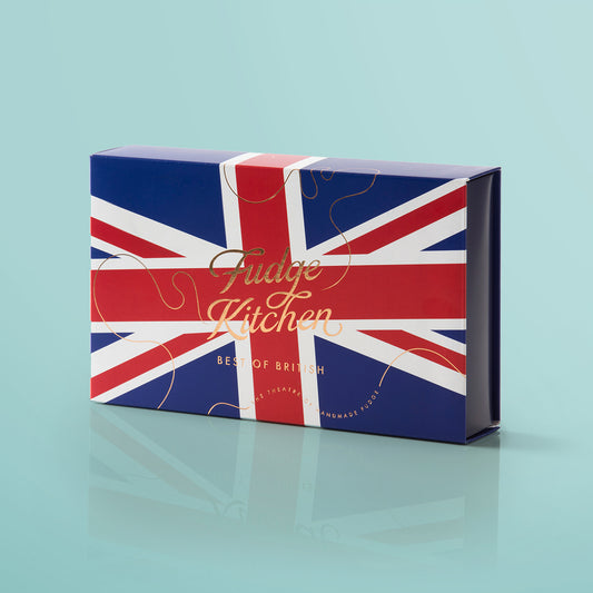 Best of British Fudge Selection, showcasing the rich, creamy texture and variety of flavours in the 15-piece gift box.
