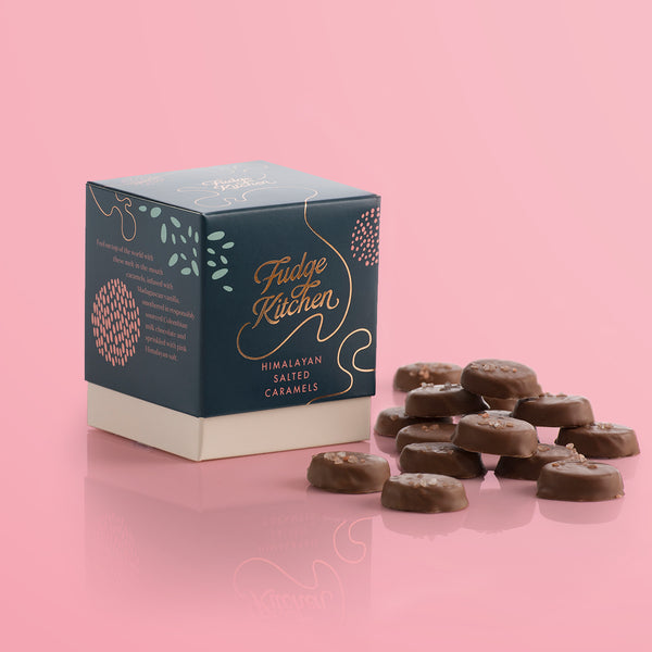 Himalayan Salted Caramels by Fudge Kitchen, featuring rich, handcrafted caramels balanced with Himalayan pink salt. A luxurious sweet and salty treat perfect for gifting or indulgence.