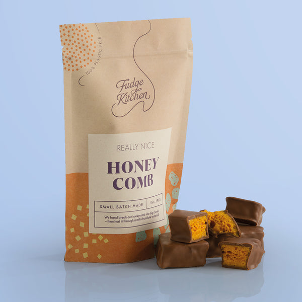 Honeycomb Pouch by Fudge Kitchen, featuring crisp, golden honeycomb pieces coated in rich chocolate. A perfect sweet treat or gift for honeycomb and chocolate lovers in the UK.