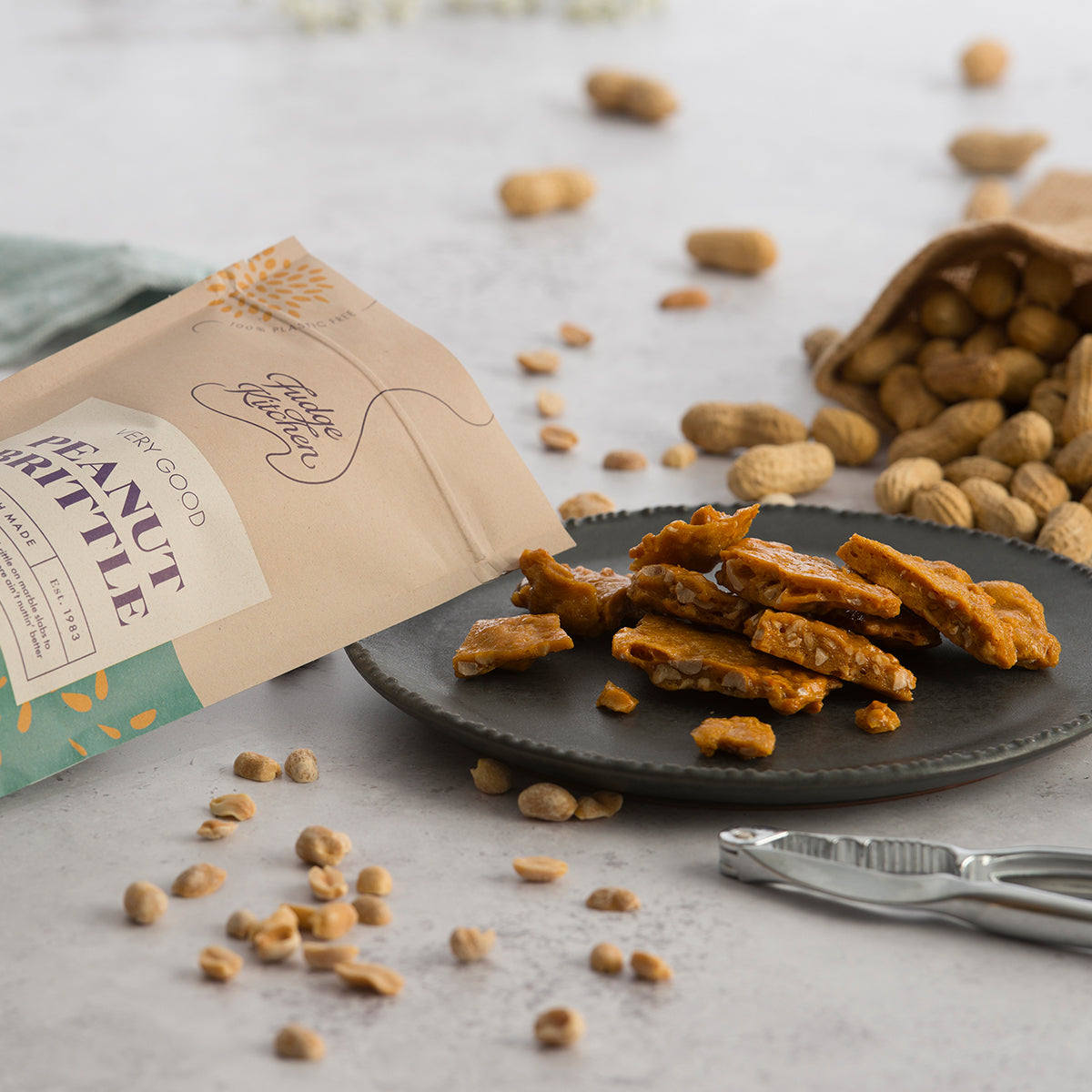 Peanut Brittle Pouch Photo with Peanut Brittle on Table