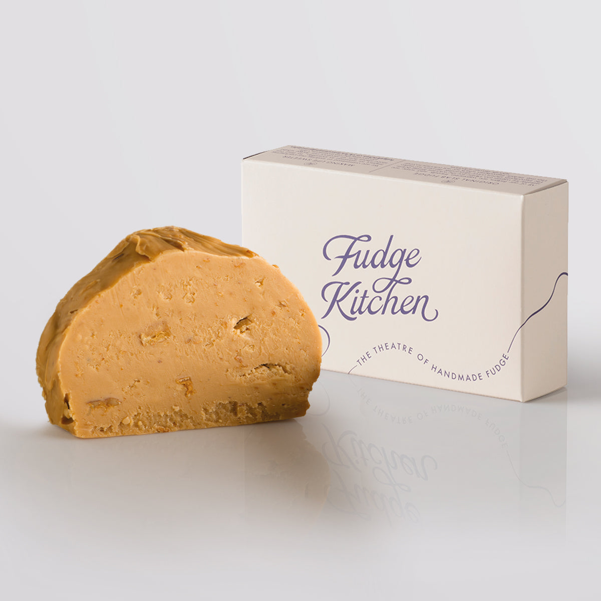 Butter Pecan Fudge single slice, a Fudge Kitchen indulgent, handmade fudge flavour displayed with an elegant gift box.