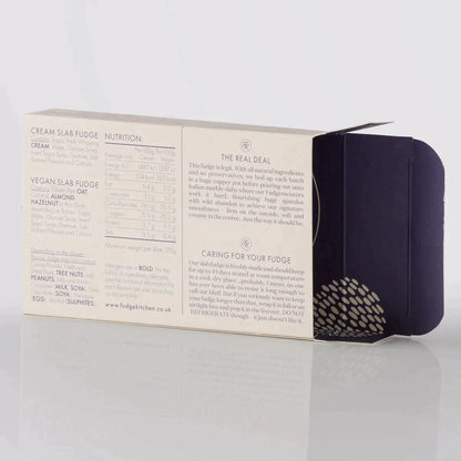 Fudge Kitchen elegant gift box displaying back view for the single slice of handmade fudge flavour Vanilla Fudge