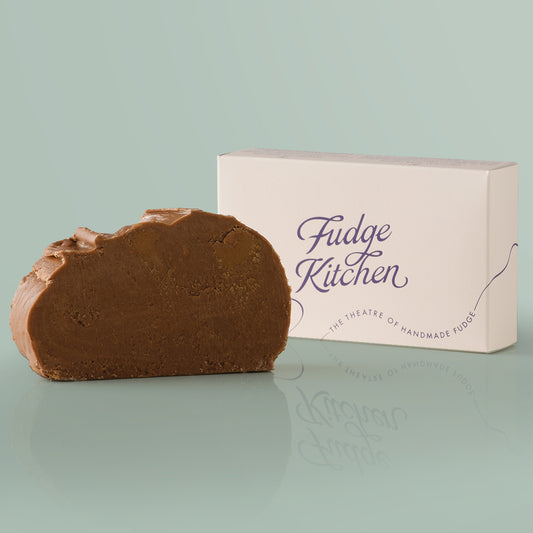 Chocolate Hazelnut Vegan Fudge single slice, a Fudge Kitchen indulgent, handmade vegan Fudge flavour displayed with an elegant gift box.