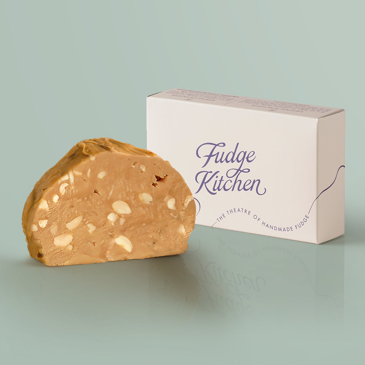 Peanut Butter Vegan Fudge single slice, a Fudge Kitchen indulgent, handmade vegan Fudge flavour displayed with an elegant gift box.