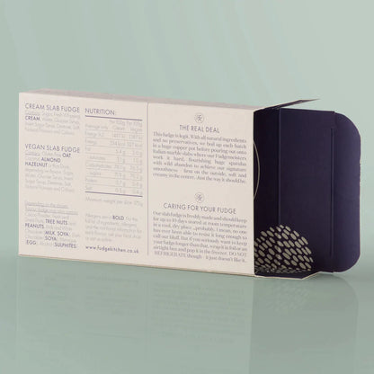 Fudge Kitchen elegant gift box displaying back view for the single slice of handmade fudge flavour Rum & Raisin Vegan Fudge
