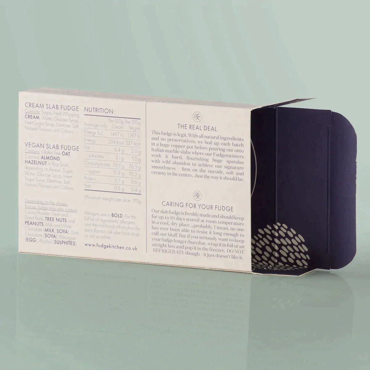 Fudge Kitchen elegant gift box displaying back view for the single slice of handmade fudge flavour Snowball Vegan Fudge