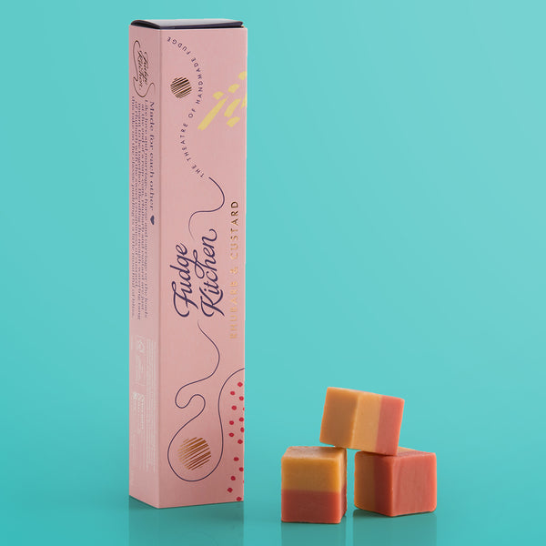 Rhubarb Custard Fudge Slider by Fudge Kitchen, featuring creamy, handmade fudge with a tangy rhubarb flavour and smooth custard finish. A perfect indulgent treat or gift for fudge lovers.